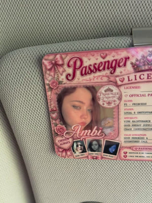 Personalized pink princess license car visor clip with custom photo – handcrafted by Vibe Rantz Designs