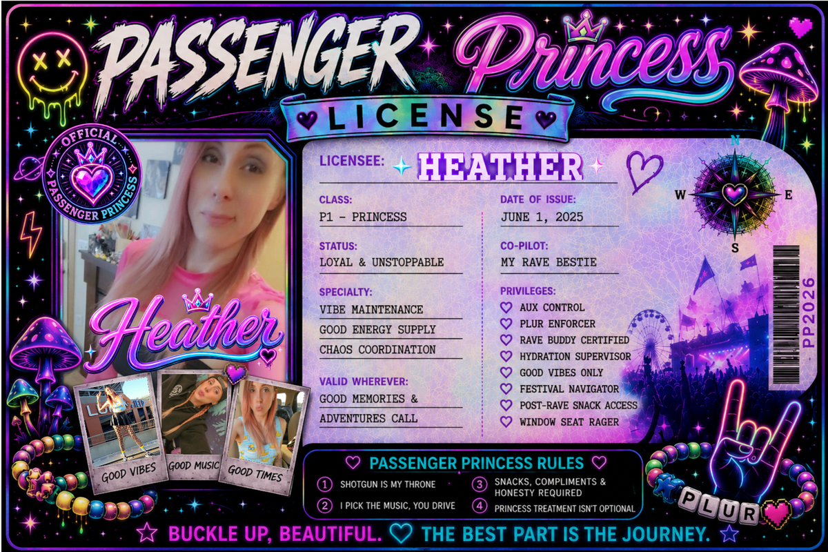Personalized raver bae passenger princess license car visor clip with custom photo – handcrafted by Vibe Rantz Designs